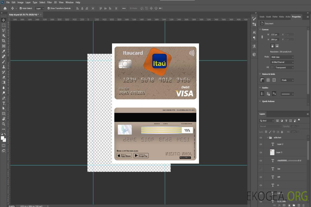 Carte de débit visa bancaire Brésil Itau template